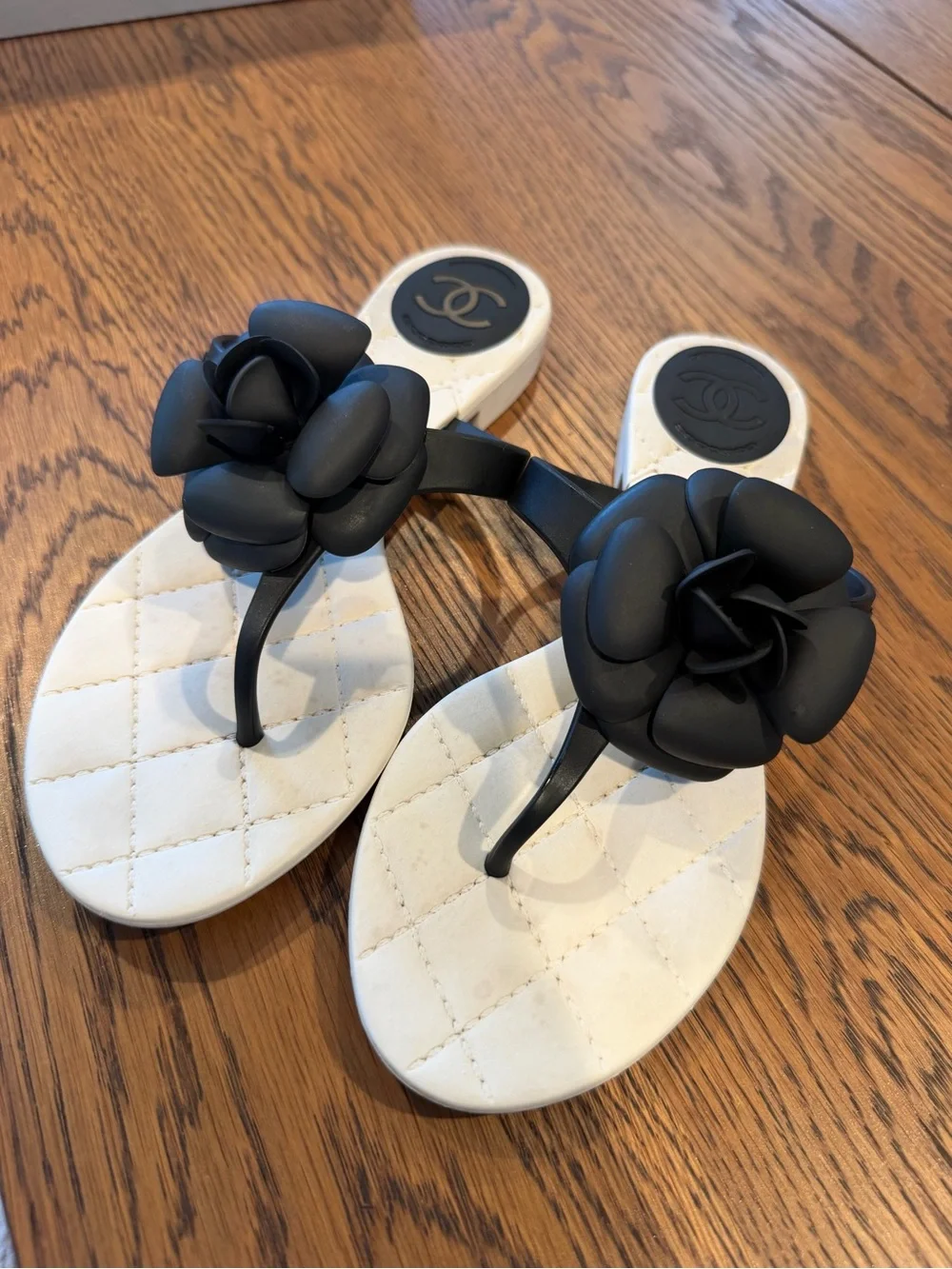 CHANEL Camellia Flower Thong Sandals Black White Size 37